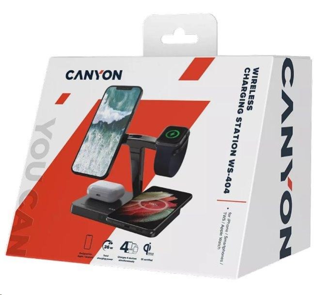 CANYON Bezdrátová nabíječka WS-404B + AC adapter, 4v1, Qi & Apple MagSafe, vstup 12V/3A, výstup 15/10/7.5/5W, černá