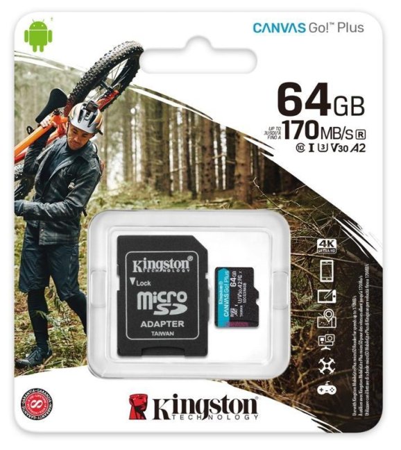 Kingston paměťová karta 64GB microSDXC Canvas Go Plus 170R A2 U3 V30 Card + ADP