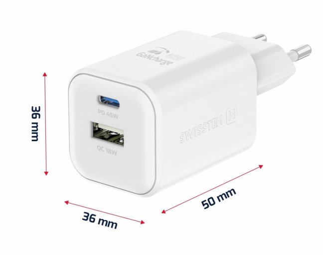 SWISSTEN SÍŤOVÝ ADAPTÉR GaN 1x USB-C 45W PD + 1x USB-A 18W QC BÍLÝ