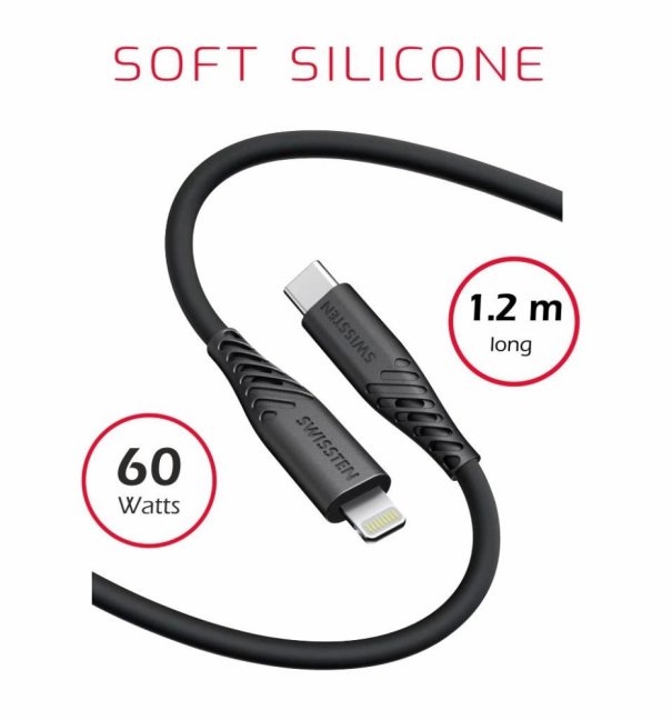 DATOVÝ KABEL SWISSTEN SOFT SILICONE USB-C / LIGHTNING 1,2 M 30W ČERNÝ