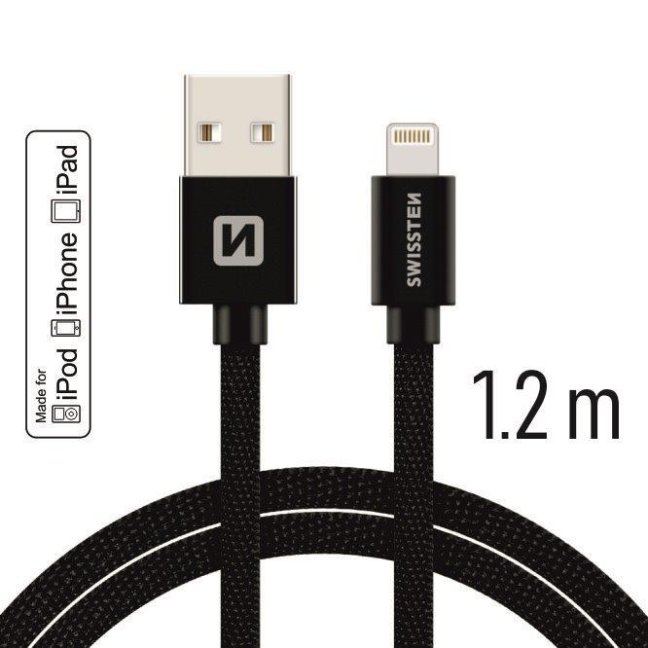 DATOVÝ KABEL SWISSTEN TEXTILE USB / LIGHTNING MFi 1,2 M ČERNÝ
