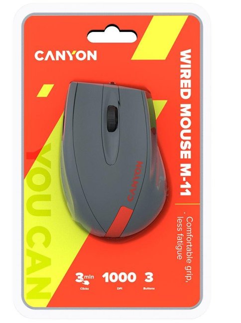 CANYON myš drátová M-11, 3 tlačítka, 1000dpi, pogumovaný povrch, modrá - šedé logo