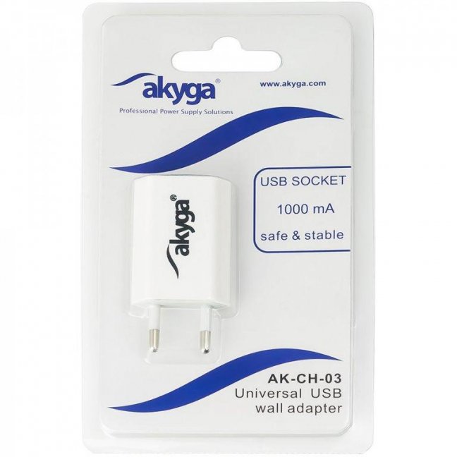 Akyga Síťová USB nabíječka 240V 1000mA 1xUSB bílá