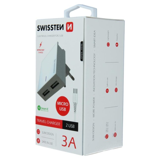 SWISSTEN SÍŤOVÝ ADAPTÉR SMART IC 2x USB 3A POWER + DATOVÝ KABEL USB / MICRO USB 1,2 M BÍLÝ