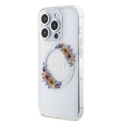 Guess PC/TPU Flowers Ring Glossy Logo MagSafe Zadní Kryt pro iPhone 15 Pro Max Transparent