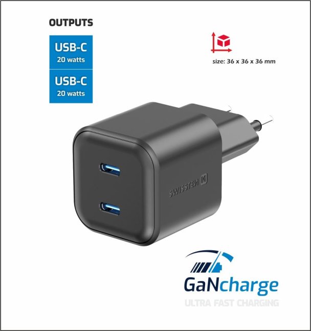 SWISSTEN SÍŤOVÝ ADAPTÉR GaN 2x USB-C 20W POWER DELIVERY ČERNÝ