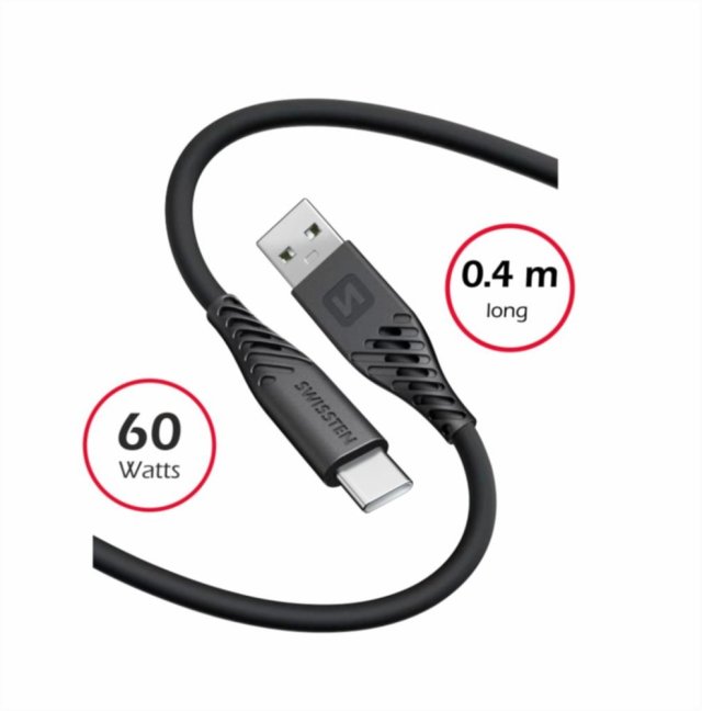 DATOVÝ KABEL SWISSTEN SOFT SILICONE USB / USB-C 0,4 M ČERNÝ