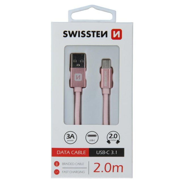 DATOVÝ KABEL SWISSTEN TEXTILE USB / USB-C 2,0 M RŮŽOVO/ZLATÝ