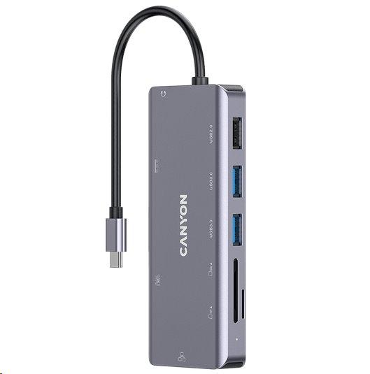 CANYON replikátor portů DS-11 9v1, 1xUSB-C PD 100W, 1xHDMI (4K), 3xUSB-A, RJ45 Gb, 3.5mm jack, SD/micro čtečka