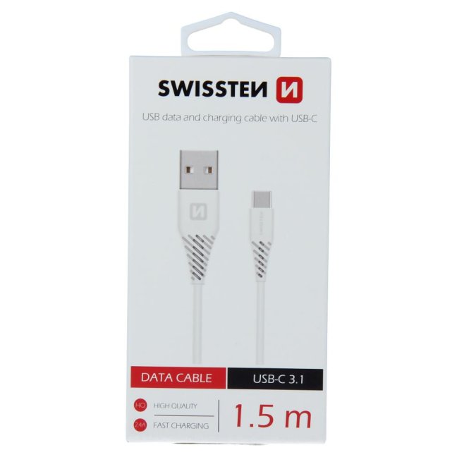 DATOVÝ KABEL SWISSTEN USB / USB-C BÍLÝ 1,5 M (7mm)
