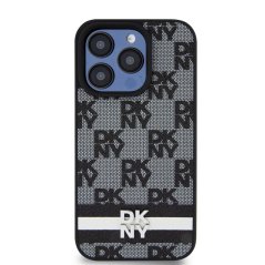 DKNY PU Leather Checkered Pattern and Stripe Zadní Kryt pro iPhone 14 Pro Max Black