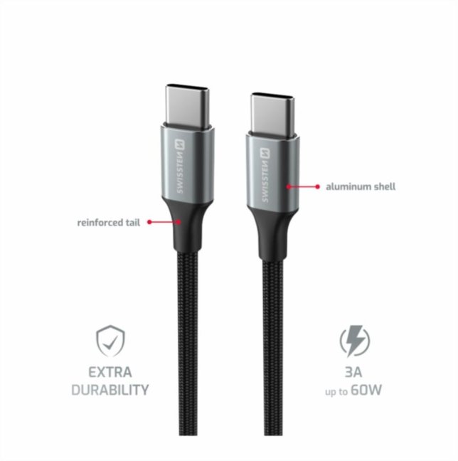 DATOVÝ KABEL SWISSTEN TEXTILE II USB-C / USB-C 1,5 M ČERNÝ