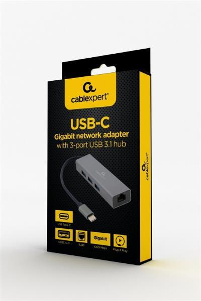 Gembird adaptér USB-C (M) na Gigabit LAN (F) + 3x USB 3.1 hub