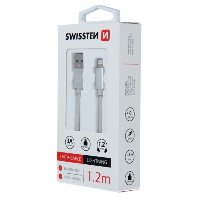 DATOVÝ KABEL SWISSTEN TEXTILE USB / LIGHTNING 1,2 M STŘÍBRNÝ