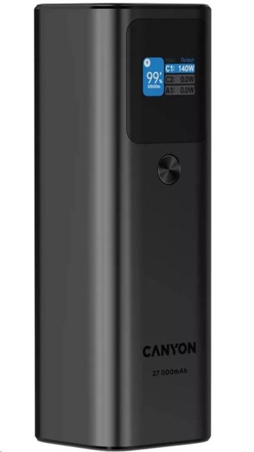 CANYON powerbanka PB-2010, 27000mAh, 2x USB-C 140W PD3.1, 1x USB-A QC 3.0, display, tmavě šedá