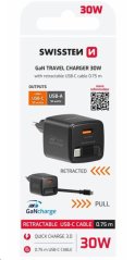 SWISSTEN SÍŤOVÝ ADAPTÉR SlideCHARGE GaN 30W, 1x USB-A 18W SE ZATAHOVACÍM USB-C KABELEM 0.75 M ČERNÝ