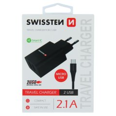 SWISSTEN SÍŤOVÝ ADAPTÉR SMART IC 2x USB 2,1A POWER + DATOVÝ KABEL USB / MICRO USB 1,2 M ČERNÝ