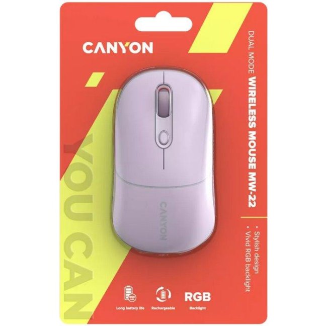CANYON myš optická bezdrátová MW-22, RGB, 800/1200/1600 dpi, 4 tl, BT+2,4GHz, baterie 650mAh, pearl rose