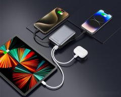 SWISSTEN POWER BANK 20000 mAh S INTEGROVANÝMI KABELY USB-C A LIGHTNING VESMÍRNĚ STŘÍBRNÁ