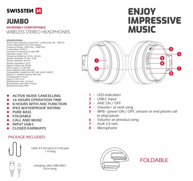 BLUETOOTH STEREO SLUCHÁTKA SWISSTEN JUMBO ANC ČERNÁ