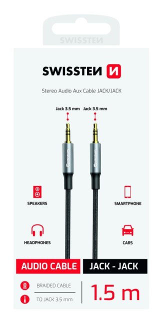 AUDIO KABEL SWISSTEN TEXTILE JACK (samec) / JACK (samec) 1,5 M ČERNÝ (nahrazuje 73501101)