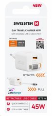 SWISSTEN SÍŤOVÝ ADAPTÉR SlideCHARGE GaN 45W, 1x USB-A 18W SE ZATAHOVACÍM USB-C KABELEM 0.75 M BÍLÝ