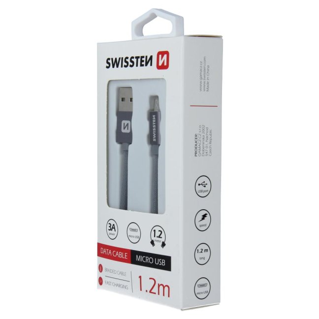 DATOVÝ KABEL SWISSTEN TEXTILE USB / MICRO USB 1,2 M ŠEDÝ