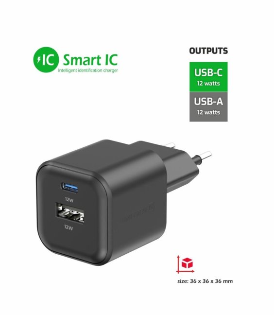 SWISSTEN SÍŤOVÝ ADAPTÉR 12W 1x USB-C + 1x USB-A  ČERNÝ