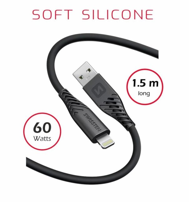 DATOVÝ KABEL SWISSTEN SOFT SILICONE USB / LIGHTNING 1,5 M 30W ČERNÝ