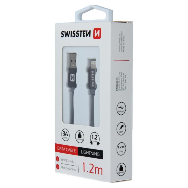 DATOVÝ KABEL SWISSTEN TEXTILE USB / LIGHTNING 1,2 M ŠEDÝ