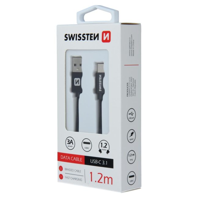 DATOVÝ KABEL SWISSTEN TEXTILE USB / USB-C 1,2 M ČERNÝ