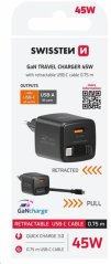 SWISSTEN SÍŤOVÝ ADAPTÉR SlideCHARGE GaN 45W, 1x USB-A 18W SE ZATAHOVACÍM USB-C KABELEM 0.75 M ČERNÝ