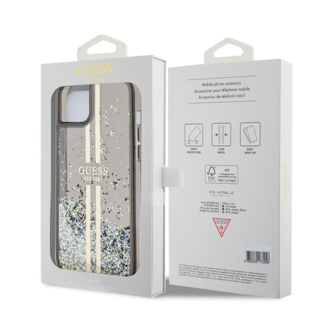 Guess PC/TPU Liquid Glitter Gold Stripe Zadní Kryt pro iPhone 15 Plus Black