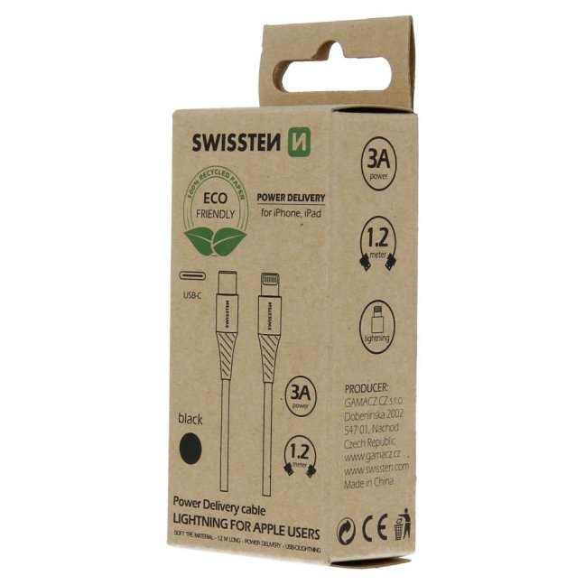 DATOVÝ KABEL SWISSTEN USB-C/LIGHTNING ČERNÝ 1,2M  (ECO BALENÍ)