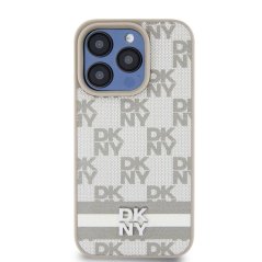 DKNY PU Leather Checkered Pattern and Stripe Zadní Kryt pro iPhone 12/12 Pro Beige