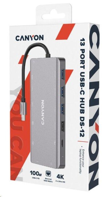 CANYON replikátor portů DS-12 13v1, 1xUSB-C PD 100W, 2xHDMI (4K), VGA, 4xUSB-A, RJ45 Gb, 3.5mm jack, SD/micro čtečka