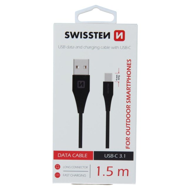 DATOVÝ KABEL SWISSTEN USB / USB-C ČERNÝ 1,5M (9mm)